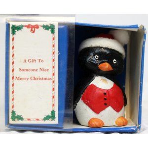 VTG 80s Porcelain Christmas Penguin Ornament Bell Santa Pom-Pom Vest Gift Black
